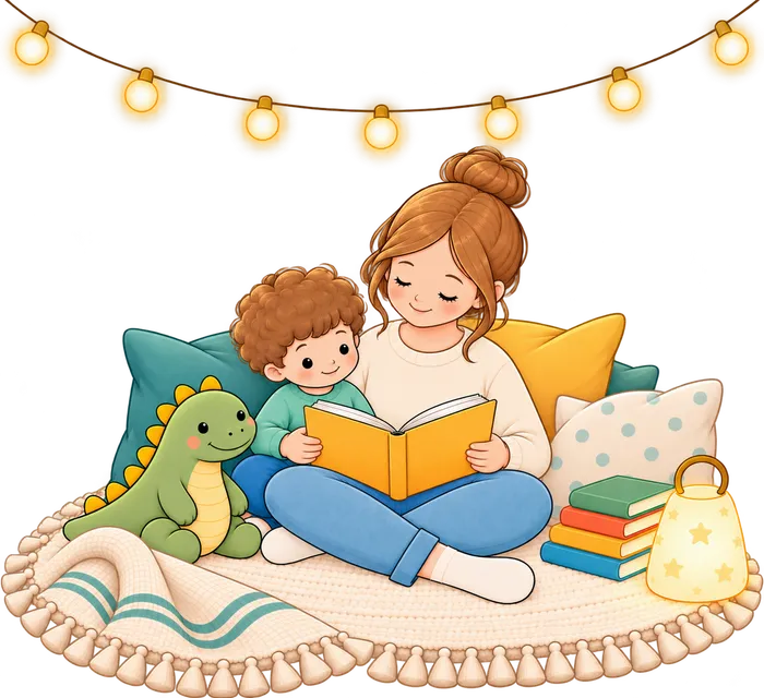 Mãe e filho lendo juntos em um cantinho de leitura aconchegante